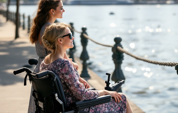 24h-Assistenz Blonde Frau im Rollstuhl schaut auf einen Fluss