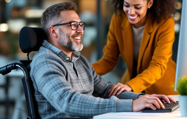 Arbeitsassistenz Eine dunkelhaarige Frau hilft einem Mann mit graumelliertem Haar im Rollstuhl bei der Arbeit. Beide Personen wirken fröhlich.