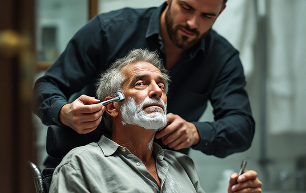 Assistenz-bei-der-Pflege-und-Hygiene dunkelhaariger Mann rasiert einen etwas älteren Mann, welcher im Rollstuhl sitzt.