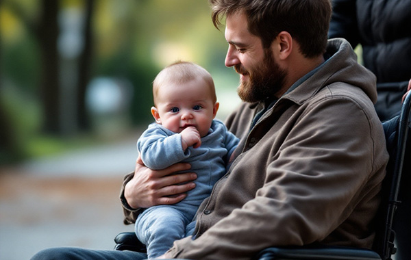 Elternassistenz Mann im Rollstuhl hält Baby auf dem Schoß
