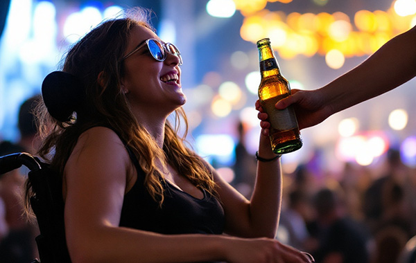 Freizeitassistenz Frau im Rollstuhl bekommt ein Getränk in einer Flasche gereicht. Die Szene spiegelt eine Situation auf einem Festival wieder.