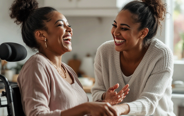 Pat-Assistenz 2 Frauen lachen. eine von den beiden Frauen sitzt im Rollstuhl
