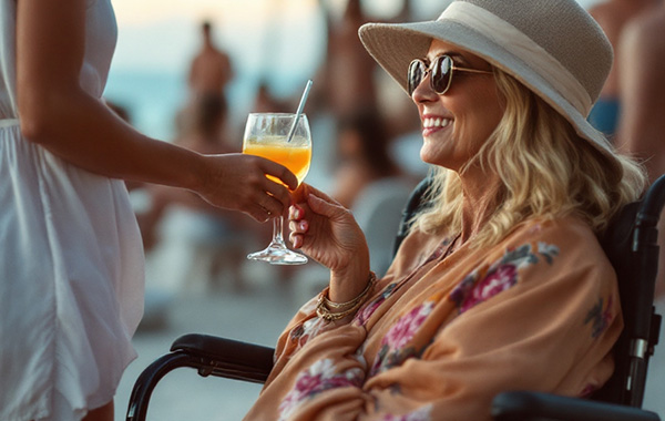 Reiseassistenz Blonde Frau, die im Rollstuhl sitzt bekommt von einer anderen Person einen Drink gereicht. Die Szene stellt eine Urlaubssituation dar.