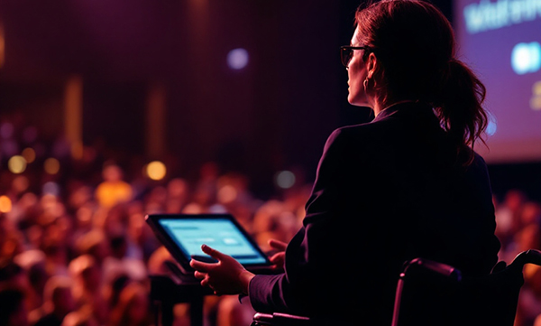 Teilhabeleistungen Frau im Rollstuhl welche auf einer Bühne mit dem Rollstuhl steht und zu einem Publikum spricht